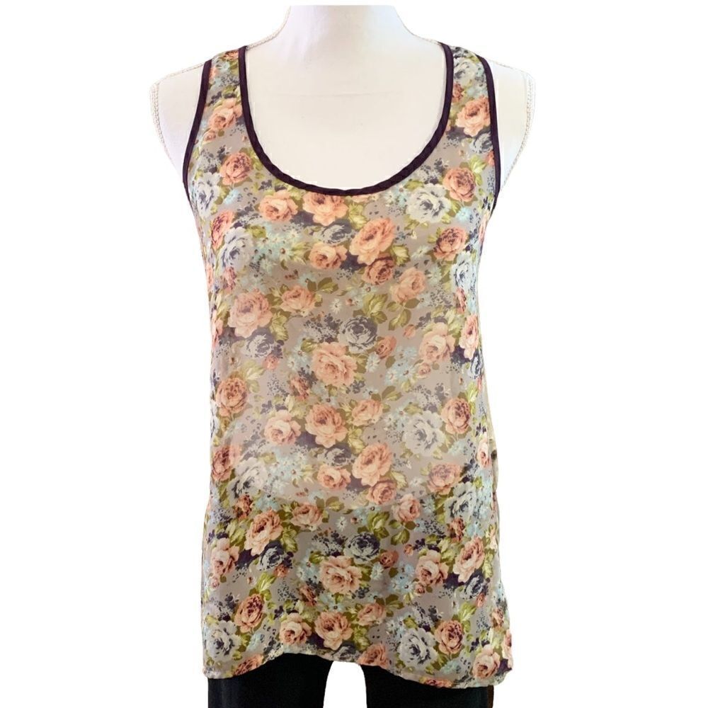 WOMEN’S ROBIN-K sheer gray floral button back tank